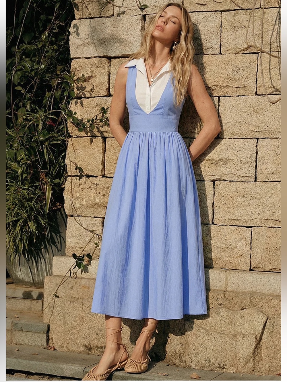 Sleeveless V-Neck Collared Midi Dress in Light Blue